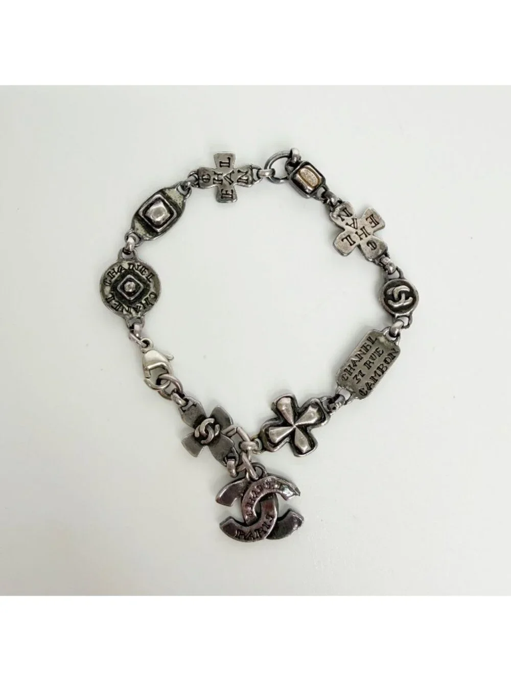 Chanel CC Logo Multi Charm Bracelet Plated Silver Vintage